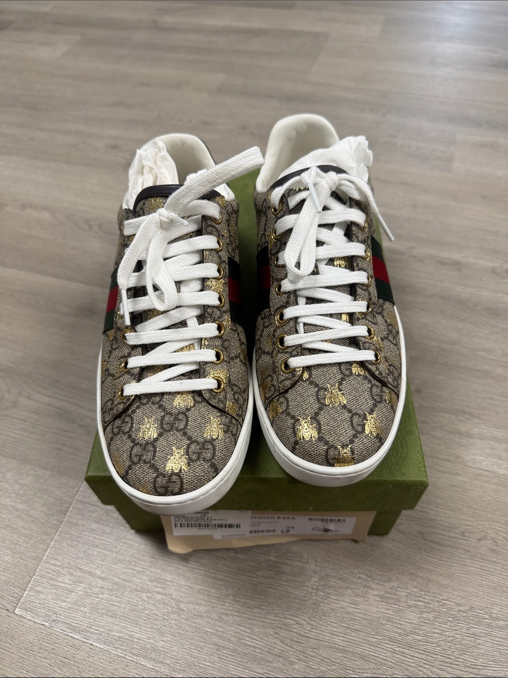 Gucci Brown/Gold Bee GG Supreme Low-Top Sneakers with Green-Red Web